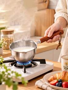 Multifunctional Stainless Steel Cooking Pot With Heat-Resistant Wooden Handle, For Hot Oil, Hot Milk, Sauce Preparation, Boiling Eggs, Home Kitchen Gadget - View 5