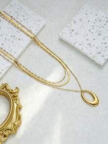 3pcs/Set Gold Stainless Steel Non-Fading Hypoallergenic Oval Geometric Hollow Water Drop Pendant Necklace Set For Women, 3-Layer Layered Fashion Style Suitable For Street Photography, Travel, Daily Wear And Dating - Gold - View 4
