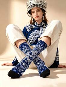 1 Pair New Chinese Style Blue And White Dragon Pattern 360 Digital Print Mid-Calf Socks. Vintage Socks. Unisex Wear, Unique Gift Choice. Autumn Socks - Multicolor - View 2