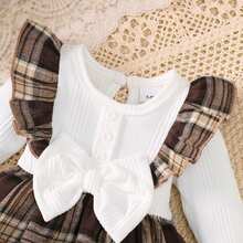 2pcs/Set Baby Girl Ruffle Hem Plaid Patchwork Dress And Headband, Cute Spring/Autumn Dress - Brown - View 3