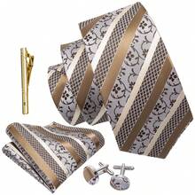 Silver Gray Brown Gold Diagonal Striped Floral Men's Tie 4pcs Set Business Formal Handkerchief Cufflinks Golden Tie Clip Wedding Matching - Camel - View 2