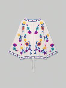 ACKCER Women's Autumn/Winter Bohemian Style Colorful Floral Embroidered V-Neck 3/4 Sleeve Tie-Front Loose Fit Cardigan - Multicolor - View 6