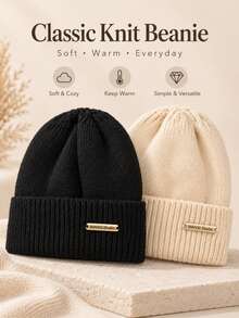 1pc Classic Metal Tag Knit Beanie, Unisex Solid Color Ribbed Rolled Edge Brimless Casual Hat, Soft & Warm For Autumn/Winter Daily Wear - Metal Logo Solid Color - View 1