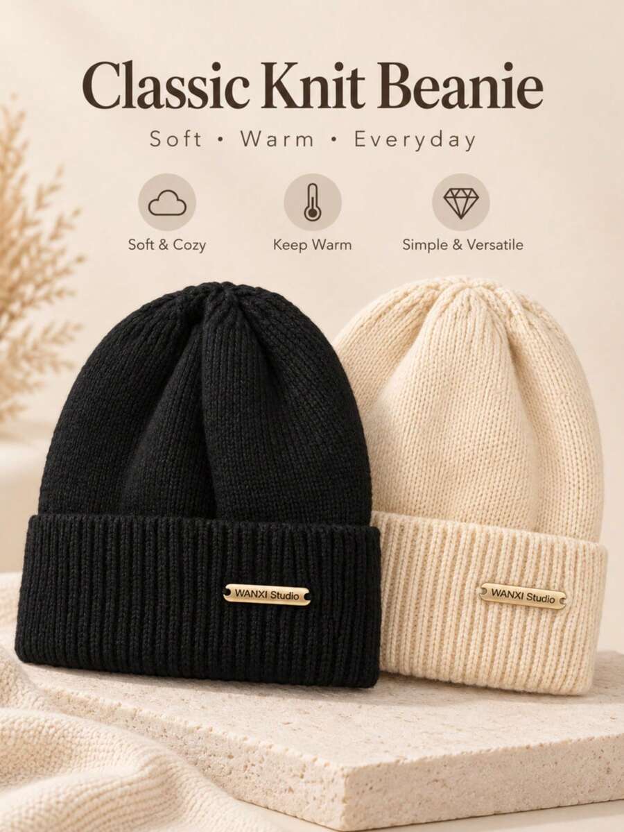1pc Classic Metal Tag Knit Beanie, Unisex Solid Color Ribbed Rolled Edge Brimless Casual Hat, Soft & Warm For Autumn/Winter Daily Wear - Metal Logo Solid Color - View 1