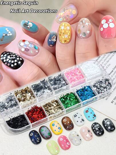 12-Grid Mixed Star And Polka Dot Nail Glitter, Multi-Color Glitter Flakes, Y2K Cute Charming Autumn Nail Art Decoration, DIY Nail Salon Supplies