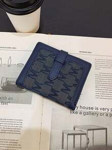 Unisex Blue Jacquard Bifold Wallet, Slim Bi-Fold Card Holder With Cash Slot, Strap/Tab Closure Vintage Style Small Pocket Wallet - Blue - View 4