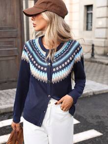 New Fashion Women's Autumn/Winter Colorblock Knit Button Cardigan Sweater Jacket - Navy - View 3