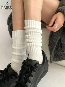 2 Pairs White Long Tube Socks Women 2026 New Autumn/Winter Thickened Slouch Socks - White - View 1