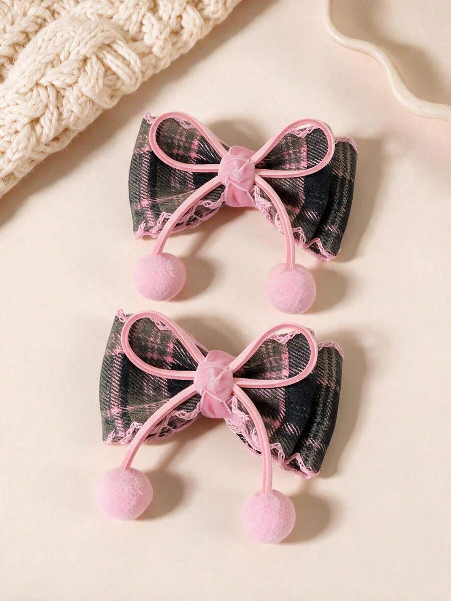 2 قطعة مشابك شعر للبنات متعددة الاستخدامات بنقشة مربعات، بأسلوب الأكاديمية البريطانية، مشابك شعر ذيل الحصان بشكل ثماني مع فيونكة بوم بوم - وردي - مشاهدة 1