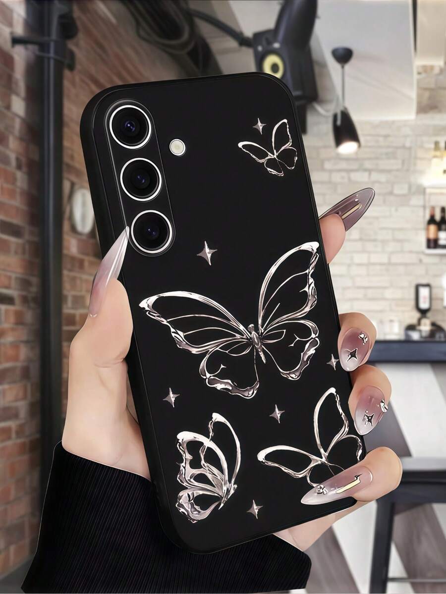 1pc TPU Black Background Silver Line Butterfly Star Phone Case, Suitable For Android System, Y2K Aesthetic Hollow Butterfly Phone Cover, Fashionable Girl Anti-Drop Protective Shell, Compatible With Apple 18/17/16/15/14/13/12/11 Pro Max, Series Phones - Black - View 1