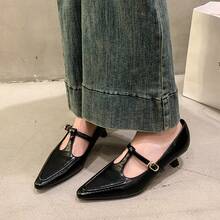 Giày cao gót Mary Jane quai chữ T phong cách vintage Pháp, da bóng, gót mảnh, kiểu ngách - màu đen - Xem 3