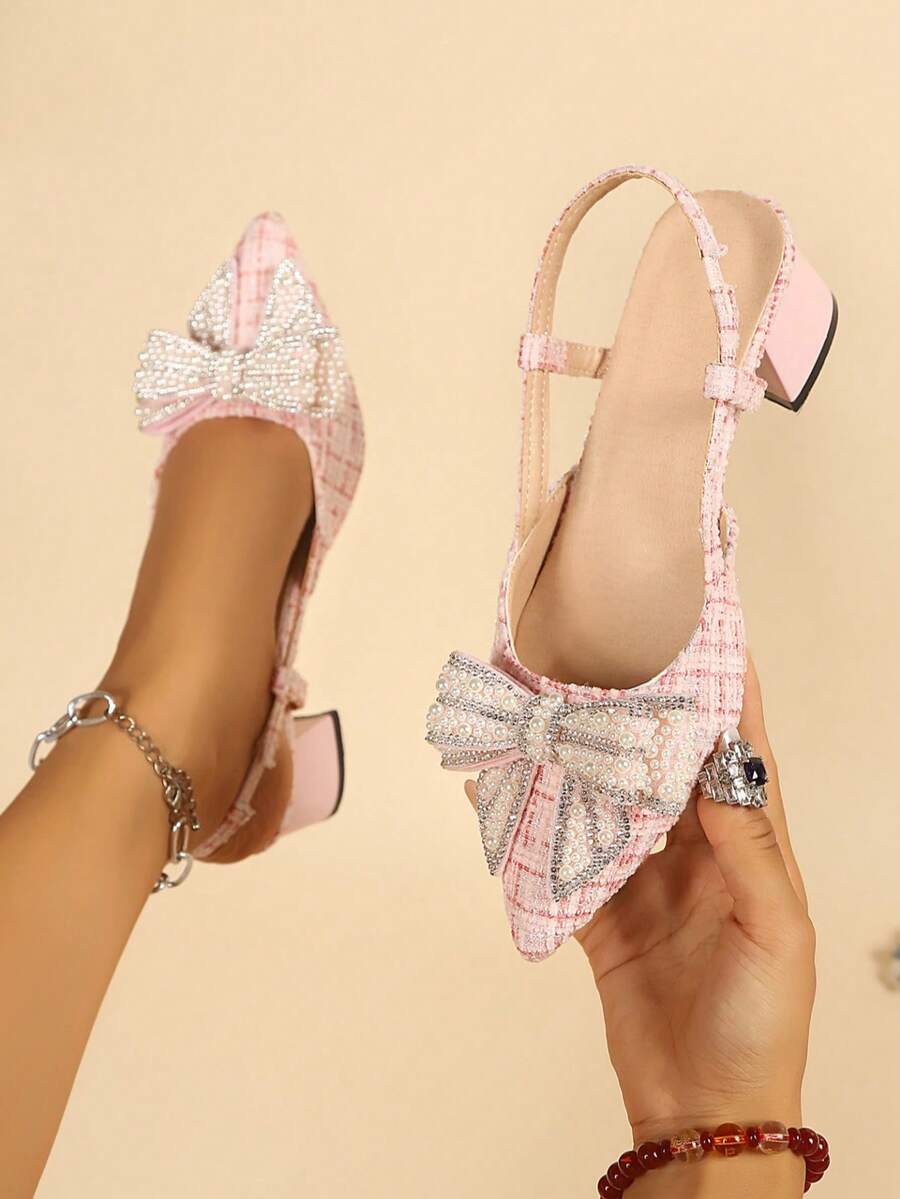 Spring/Summer New Elegant Pink Women's Slingback Sandals, Pointed Toe, Chunky Heel, Pearl & Rhinestone Bow Decor, Versatile Commute & Date Shoes - Pink - View 1
