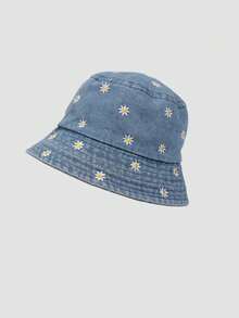 1pc Men's Daisy Embroidered Denim Bucket Hat, Streetwear Vintage Autumn/Winter Versatile Denim Bucket Hat - A - View 3