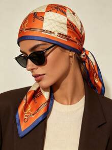 1pc Vintage Equestrian Leather Strap Chain Print Satin Square Scarf, Multi-Functional Retro Headscarf, Scarf, Bag Decoration Accessory, Suitable For Women - Multicolor - View 9