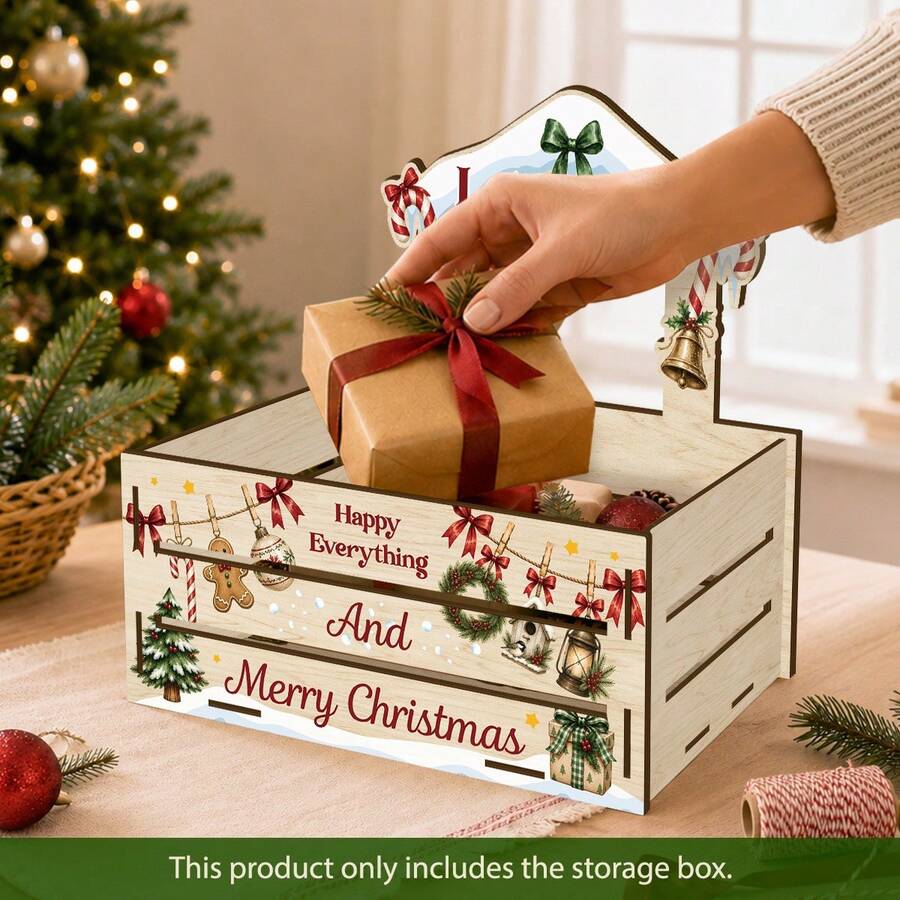 Merry Christmas, Classic Christmas Tree Pattern Wooden Storage Box, Christmas Decoration Wooden Organizer Box, Open-Top Decorative Storage Container, Desktop Pastoral Style Home Decor, Christmas Gift For Friends And Family - Multicolor - View 1