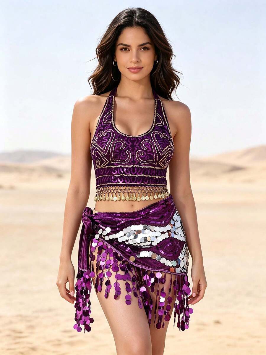 Sequin Embroidered Halter Chest Ornament, Round Sequins Tassel Hip Scarf, Body Accessory For Music Festival Photoshoot Party (Multiple Colors Available) - Multicolor - View 1