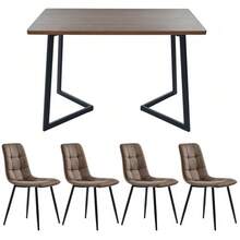 Dining Set (5-Piece), Dining Table With 4 Chairs Set, Modern Kitchen Table Set, Wood Grain Kitchen Table With Black Metal Legs, MDF Tabletop In Walnut Color, Brown Velvet Dining Chairs - Brown - View 4