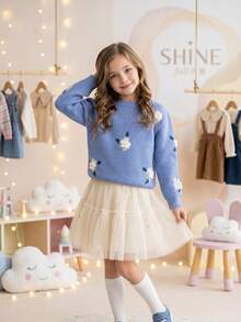 Tween Girl Cute Floral Knit Sweater, Long Sleeve Crew Neck Pullover, Comfortable Casual Top, Perfect For Autumn/Winter, School, Daily Wear And Holiday - Multicolor - View 9