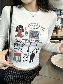 Women's Round Neck Long Sleeve T-Shirt, Spring/Autumn New Cartoon Pattern & Letter Print, American Hot Girl Style, Fashion Casual Versatile Slim Fit Cropped Top - White - View 11