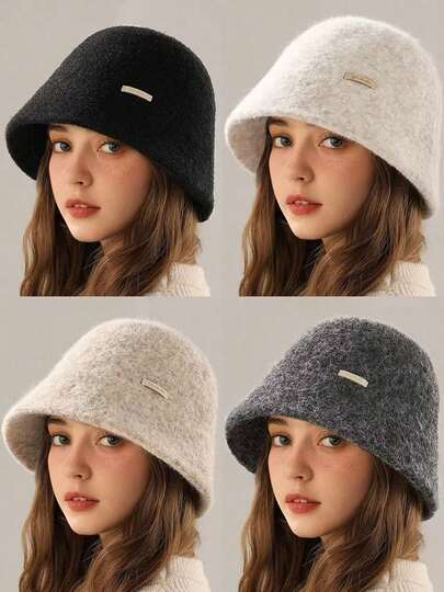 1pc Women's High-Quality Minimalist Letter Leather Patch Wide Brim Plush Bucket Hat, Autumn/Winter Fashion Versatile Large Head Circumference Face-Slimming Warm Cold-Proof Casual Hat, Suitable For Daily Wear