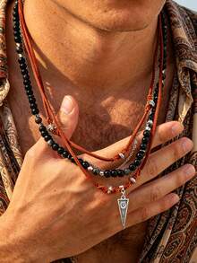 1pc Vintage Triangle Pendant Black Agate Beaded Leather Multi-Layer Necklace For Men, Western Cowboy Style, Layered Necklace - NC2806 - View 4