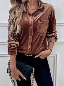 Women Brown Button Up Blouse, Fall Clothes For Women, Fall Halloween Casual Wear - Coffee Brown - View 4