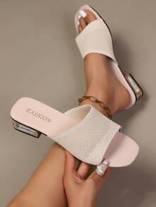 Women's Summer Vintage Rhinestone Square Block Heel Square Toe Open Toe Fashion Versatile Outdoor Slippers - White - View 1