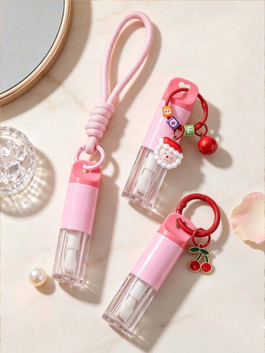 Cute Cherry Santa Claus Lanyard Pendant Lip Gloss Tube Keychain, Refillable Empty Lip Balm Container, Bag Charm, Sample Storage, Travel Organizer - Multicolor - View 1