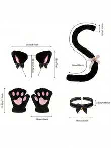 5PCS/Women Cat Ear & Tail Costume Set, Suitable For Cosplay, Adjustable Headband & Tail, Fluffy Cat Accessories, Applicable For Theme Parties, Halloween Various Role Play Costume Props. - Black - View 6