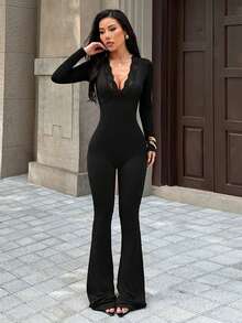 Autumn Black Lace V-Neck Long-Sleeve Jumpsuit, Casual And Elegant, For Dates, Parties, Homecoming Dances, And Streetwear - Black - View 5