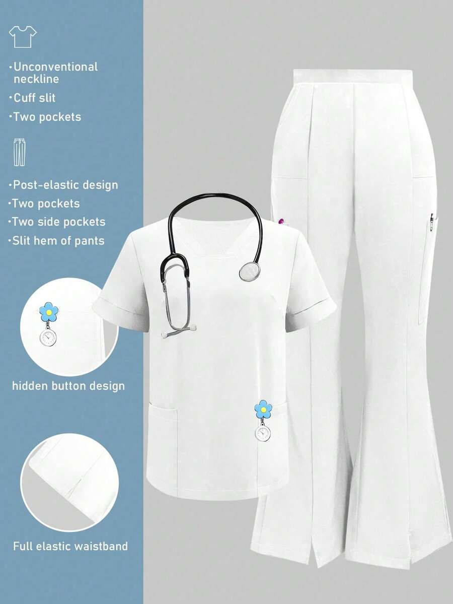 Plain V-Neck Short Sleeve Top And Split Long Pants Lab & Hospital Nursing Scrub Sets With Pockets Fall White
