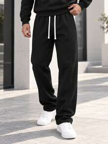 2pcs Men's Casual Sweatshirt Set, Fashionable Unique Solid Color Design, Half Zip, Slanted Pockets And Drawstring Detail, Perfect For Daily Casual Wear, Stylish Minimalist Outings, Commuting And Street Style, Suitable For Spring Autumn Winter Seasons, Can Be Used As Halloween Christmas Gift For Men - Black - View 4
