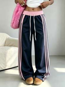 mulinsen Women's Sports Pants, Pink Side Contrast Stripes, Elastic Drawstring Waist, Suitable For Running, Gym, Streetwear - Navy Blue - View 4