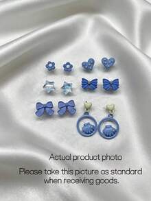 12pcs Blue Tone Ceramic Painted Minimalist Geometric Stud Earrings Set, Fresh And Elegant Student Earrings - Style a - 6 Pairs - View 2