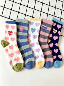 5 Pairs Candy Color Striped Heart Jacquard Mid-Calf Socks, Fun Love Letter Pattern, Elastic Girl Style Versatile Women's Socks For Autumn/Winter - Multicolor - View 2