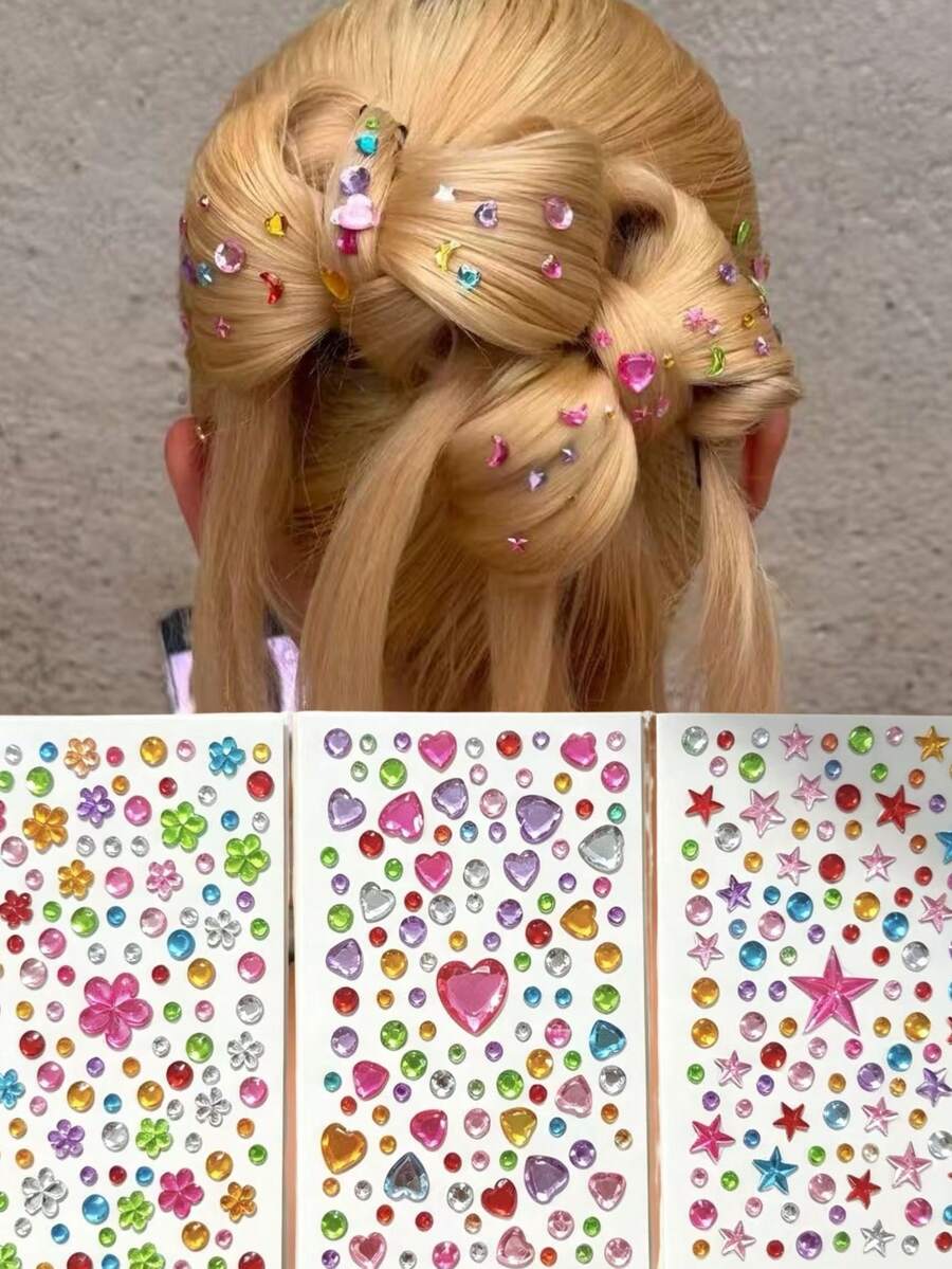 3pcs Colorful Heart Star Round Face Rhinestone Gems, Random Color, For Face Eye Area Decoration, Y2K, Face Glitter, Carnival, Face Stickers, 3D Stickers, Face Gems, Decorative Rhinestones, For Hair Accessories - Multicolor - View 1