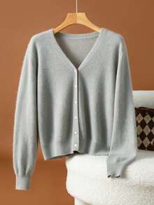 HEYMINI 100% Cashmere Women's Comfortable Grey V-Neck Knit Cardigan, Slimming Long Sleeve Sweater For Commuting, Suitable For Autumn/Winter - Grey - View 10