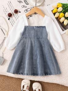1pc Baby Girl Elegant Bow Decor Sleeve Patchwork Dress Autumn - Medium Wash - View 2