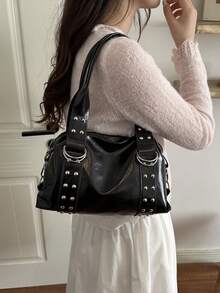 1pc Rivet Multifunctional Black Bag, Vintage Motorcycle Style Rivet Decor PU Leather Shoulder Bag, Punk Rock Style Underarm Bag, Suitable For Commuting, Dating, Party And Music Festival - Black - View 5