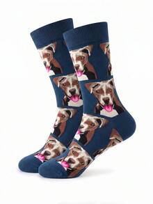 1 Pair Unisex Deep Blue Tongue-Out Dog Pattern Breathable Fun Cute Mid-Calf Socks For Daily Wear - Multicolor - View 5