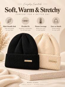 1pc Classic Metal Tag Knit Beanie, Unisex Solid Color Ribbed Rolled Edge Brimless Casual Hat, Soft & Warm For Autumn/Winter Daily Wear - Metal Logo Solid Color - View 6