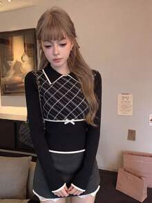 秋冬韓系甜美休閒風女款菱格紋蝴蝶結針織毛衣，翻領撞色學院風上衣，青春顯瘦長袖保暖內搭衫，初秋新品 - 黑色 - 查看 6