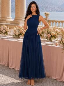 MIUSOL Half Neck Sleeveless Ruched Mesh Formal Party Long Dress,Autumn Dress,Evening Dress,For Wedding Guest,Graduation,Dinner - Navy Blue - View 3