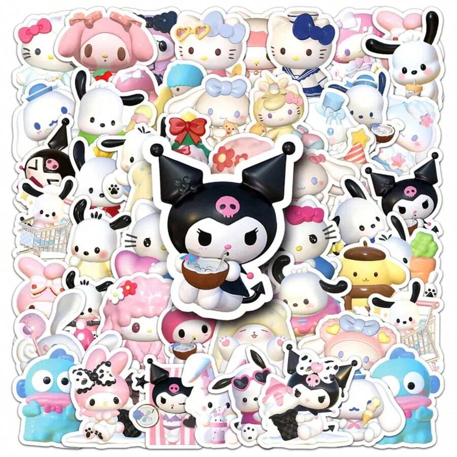 50pcs 3D Sanrio Cartoon Stickers, Suitable For Decorating Phone, Tablet, Laptop, Camera, Desk, Diary, Planner (Random Color And Style) - Multicolor - View 1