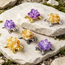 1pc Natural Crystal Cluster Turtle FigurineMetal Tortoise Statue With Amethyst Citrine Clear Quartz ClusterDesktop Decor OrnamentGift For Home Office - Mini Turtle - View 6