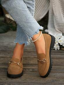 Preppy College Style Pure Metal Buckle Thick Sole Loafers Office Home Autumn Winter Shoes - Brown - View 7