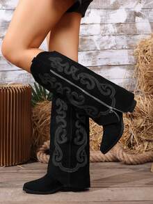 European And American Style Embroidered Western Boots Women's Pointed Toe Chunky Heel Side Zipper Knee-High Denim Boots - Black - View 3
