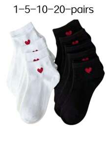 1/5/10/20 Pairs Women/Couple Cute Heart Pattern Versatile Short Socks, Invisible Socks, Suitable For Daily, Festival, Outdoor Wear - Black and White - View 5