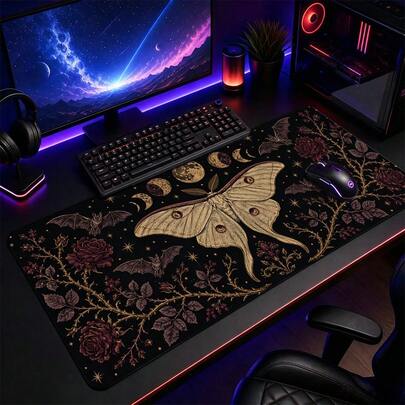 Alfombrilla de escritorio con polilla lunar gótica, alfombrilla de ratón extendida grande con fases lunares vintage, murciélagos y rosas botánicas, decoración de escritorio gótica de academia oscura, base de goma antideslizante, alfombrilla de teclado con borde cosido para oficina, hogar, juegos, regalo para mujeres y hombres