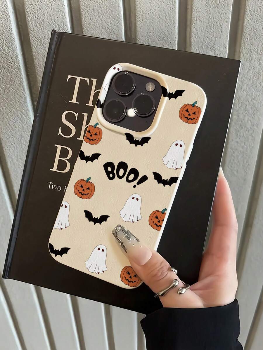 1pc Halloween White Ghost Bat Pumpkin Lantern Letter Pattern, Anti-Drop TPU Material Lychee Texture Phone Case, Suitable As Holiday Gift Compatible With Apple 11 12 13 14 15 16 17 18 Pro/Pro Max/14 15 16 17 Plus Phone Protective Cover, Holiday Gift, Daily Commute, Daily Anti-Drop Highly Attractive Style - Multicolor - View 1